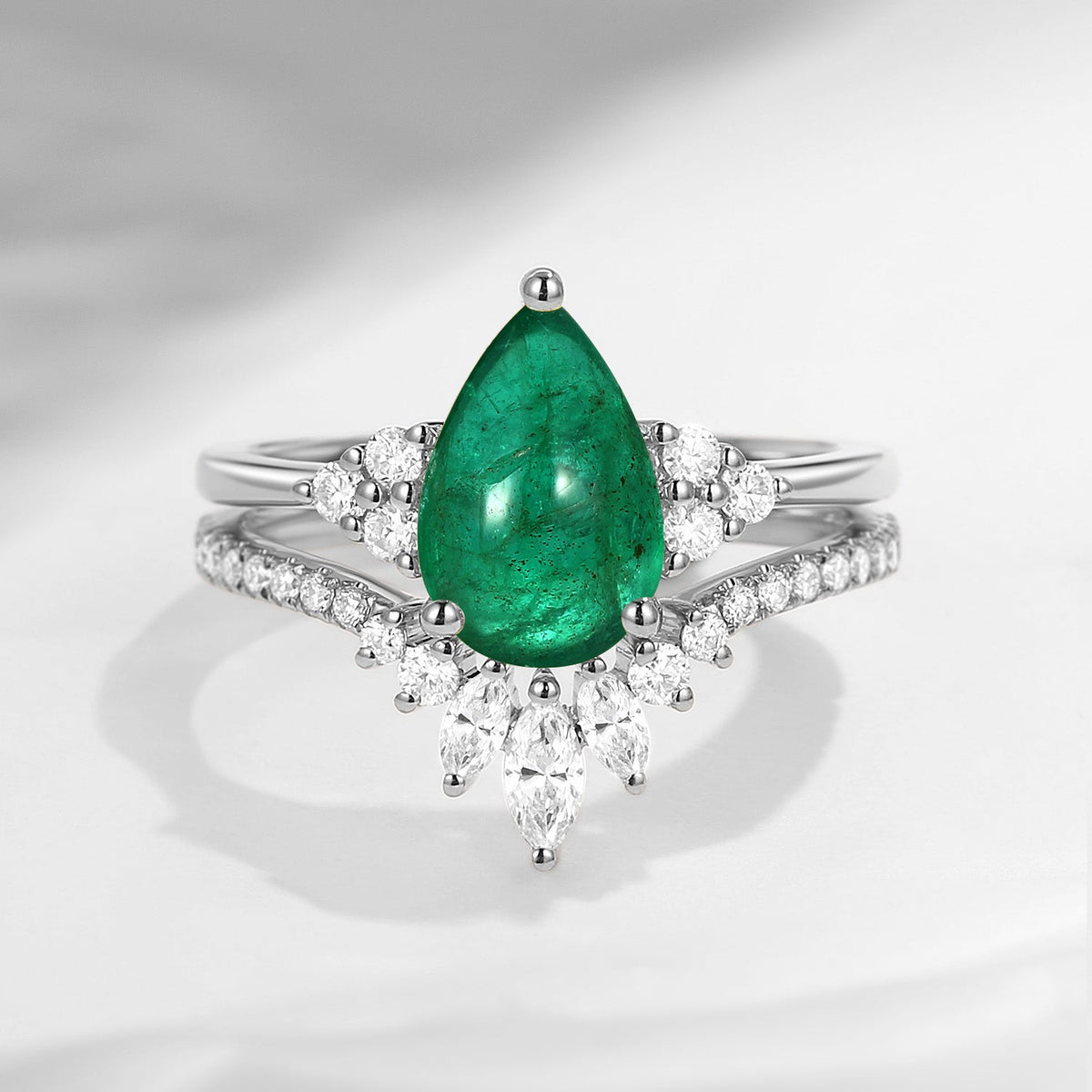 'Vivian' - Classic Style Pear Natural Emerald Cluster Engagement Ring Set