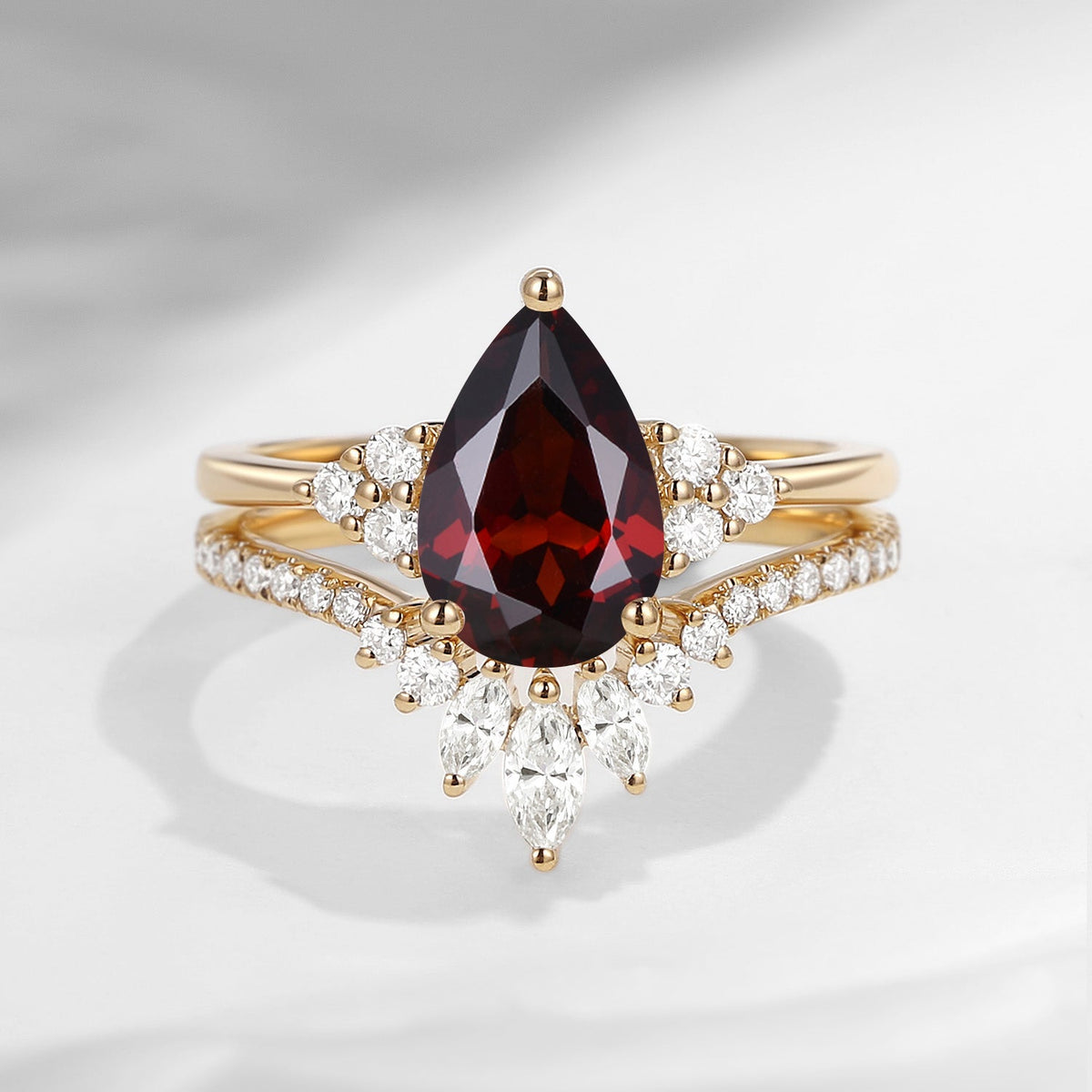 1.5ct Pear Shaped Classic Cluster Garnet Engagement Ring Set 2pcs - Vivian