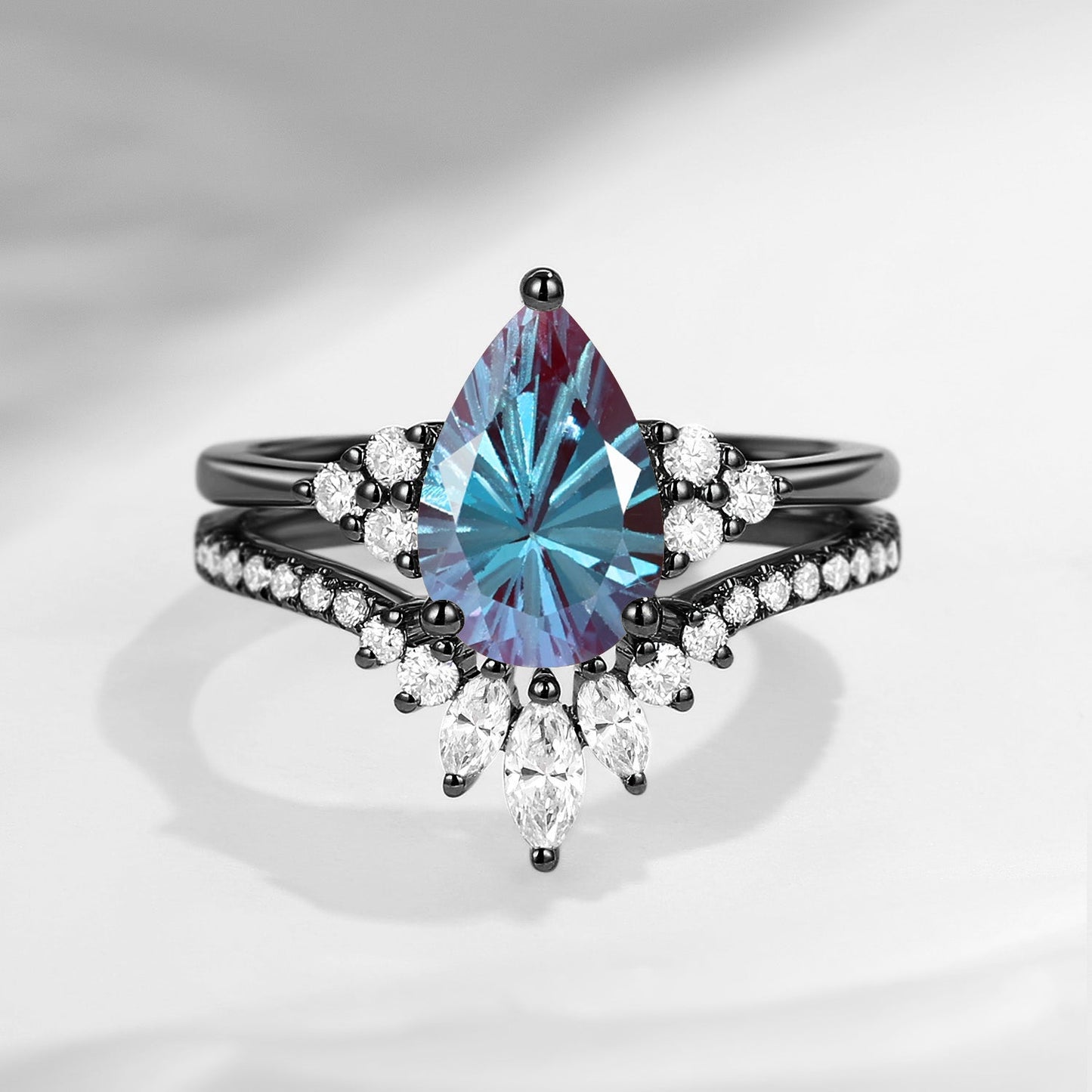 'Vivian' - Firework Cut Pear Lab Alexandrite Classic Cluster Engagement Ring Set
