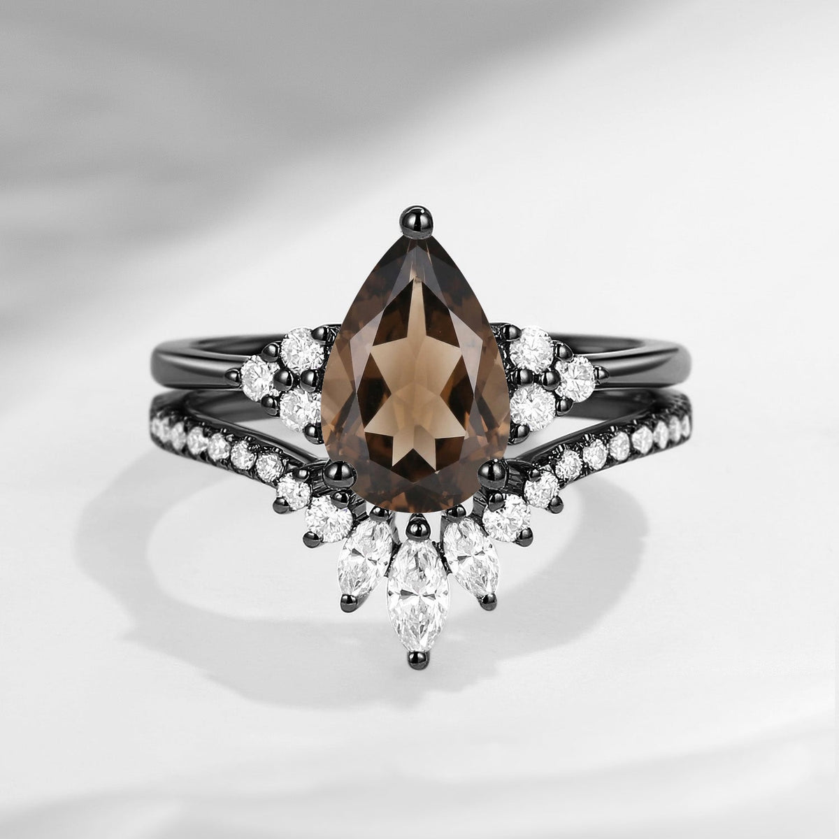 Pear Cut Smokey Quartz Cluster Engagement Ring Set 2pcs - Vivian