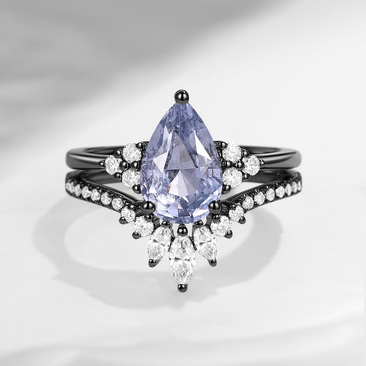 Pear Shaped Natural Spinel Classic Cluster Engagement Ring Set 2pcs - Vivian
