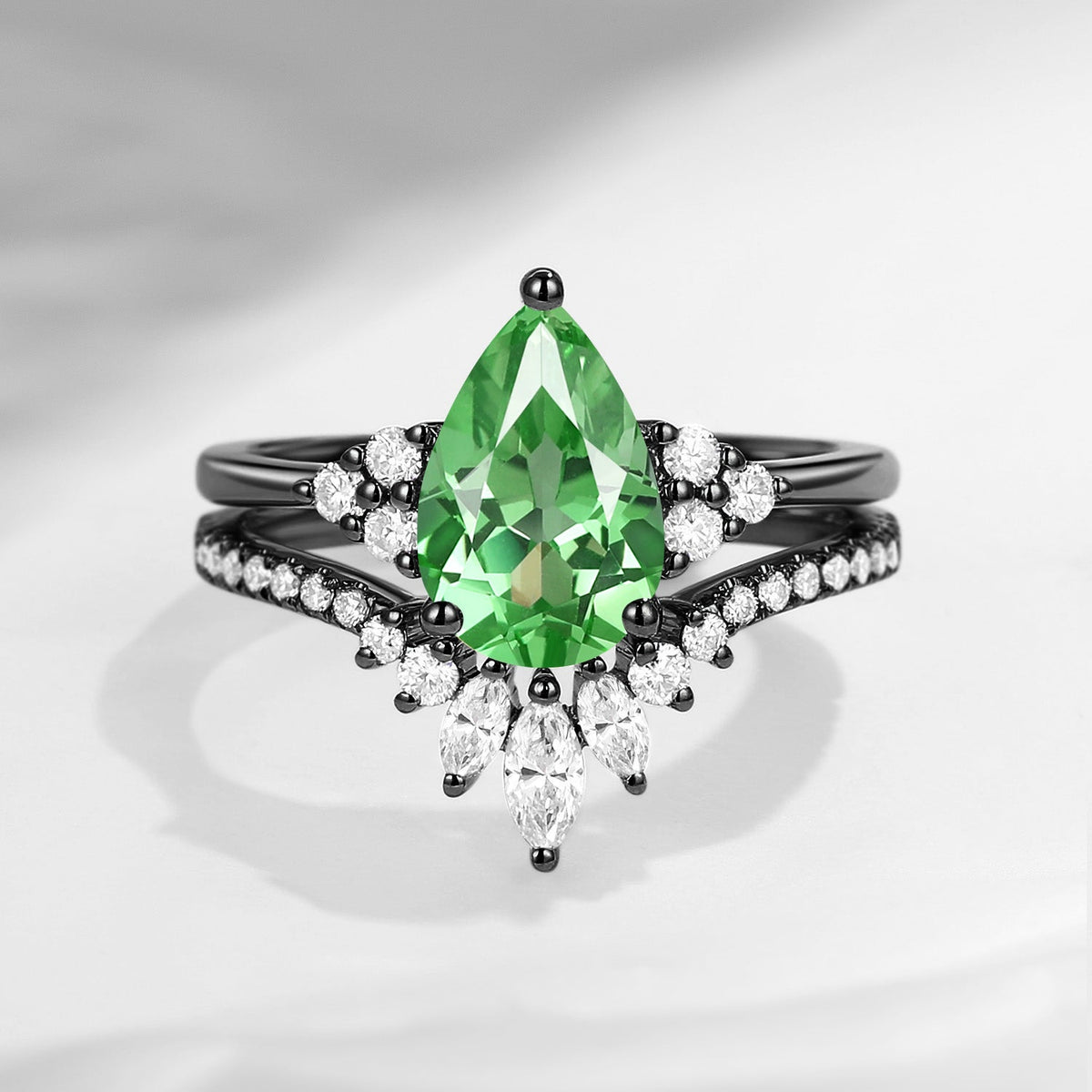 Pear Cut Lab Tsavorite Cluster Engagement Ring Set 2pcs - Vivian