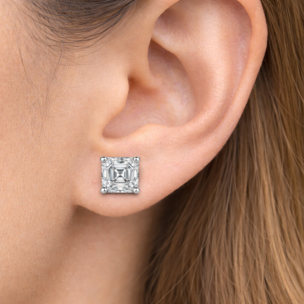 Asscher Moissanite Prong Set Stud Earrings