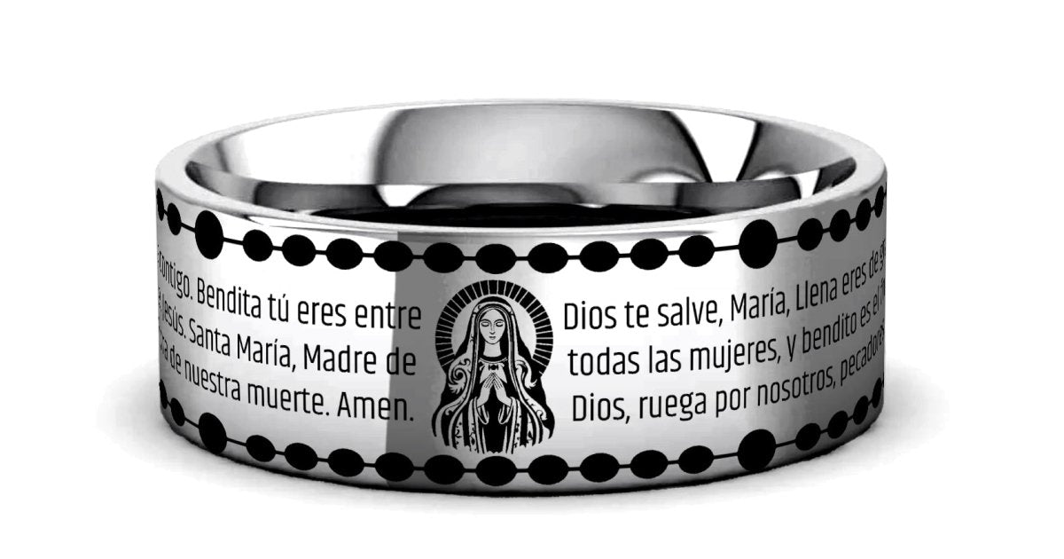 AVE | Tungsten Ave María Engraved Wedding Band, Spanish