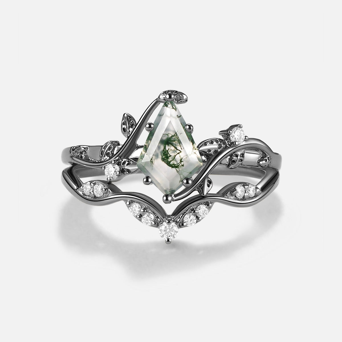 Vine Kite Moss Agate Leafy Engagement Ring Set 2pcs - Althea