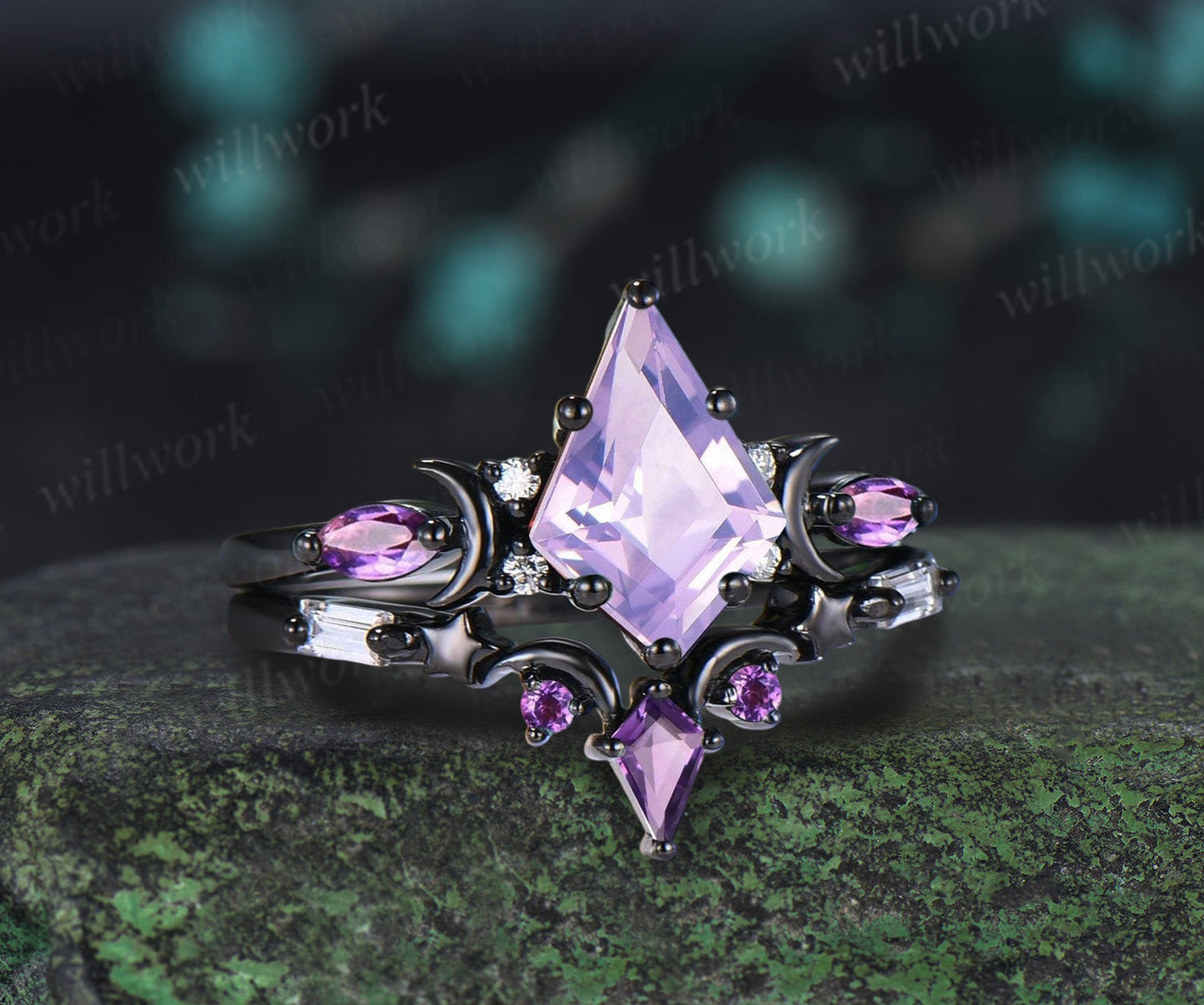 Unique Black Gold Kite Cut Lavender Amethyst Ring Crescent Moon Star Purple Engagement Ring Gothic Bridal Ring
