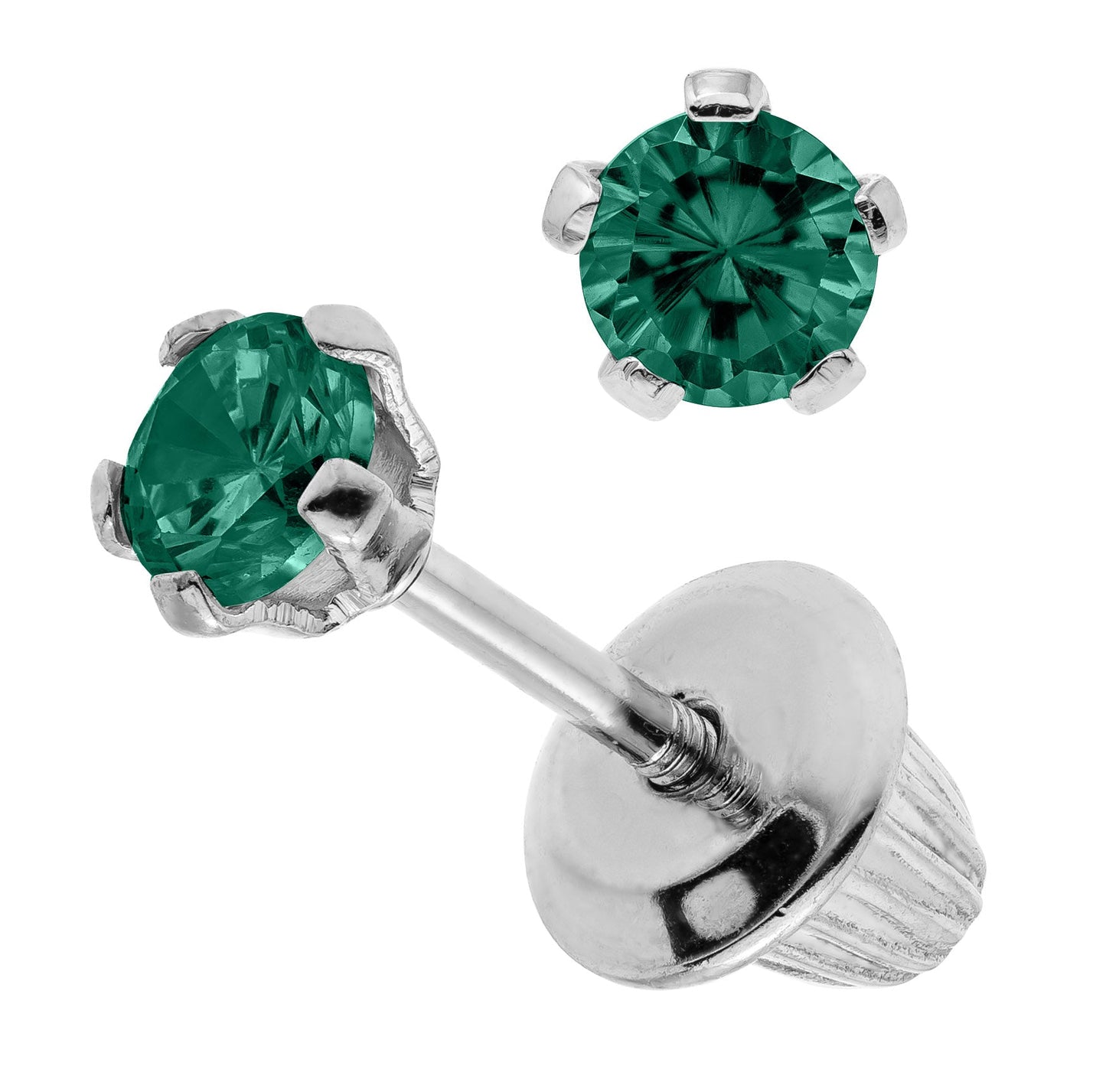 Sterling Silver Synthetic Emerald Children's Screw Back Earrings