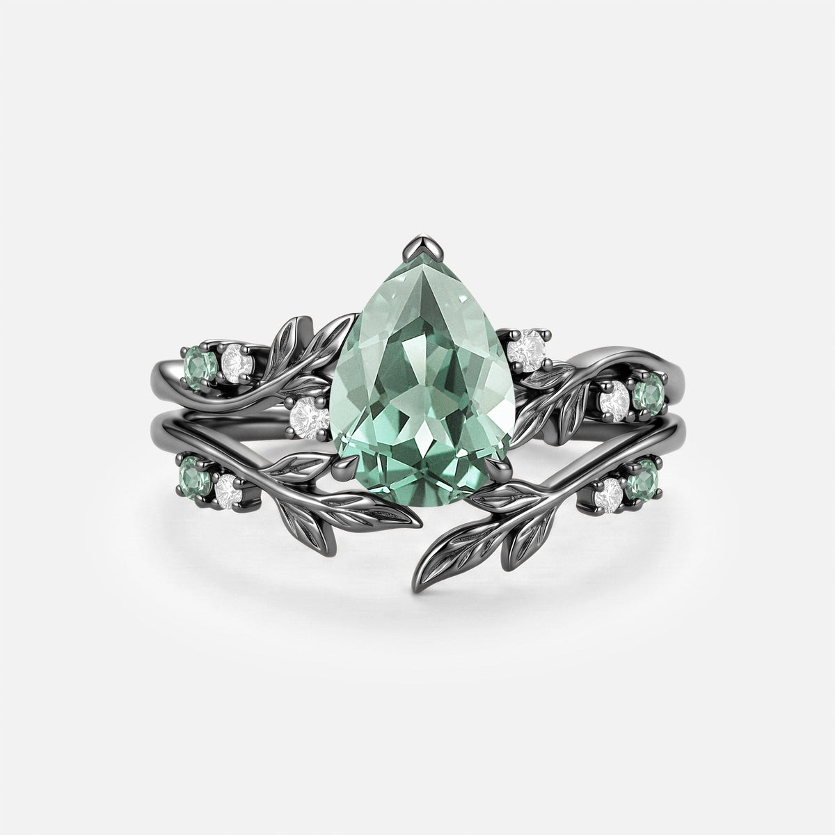 Pear Cut Lab Green Sapphire Antique Engagement Ring Set 2pcs - Alvara
