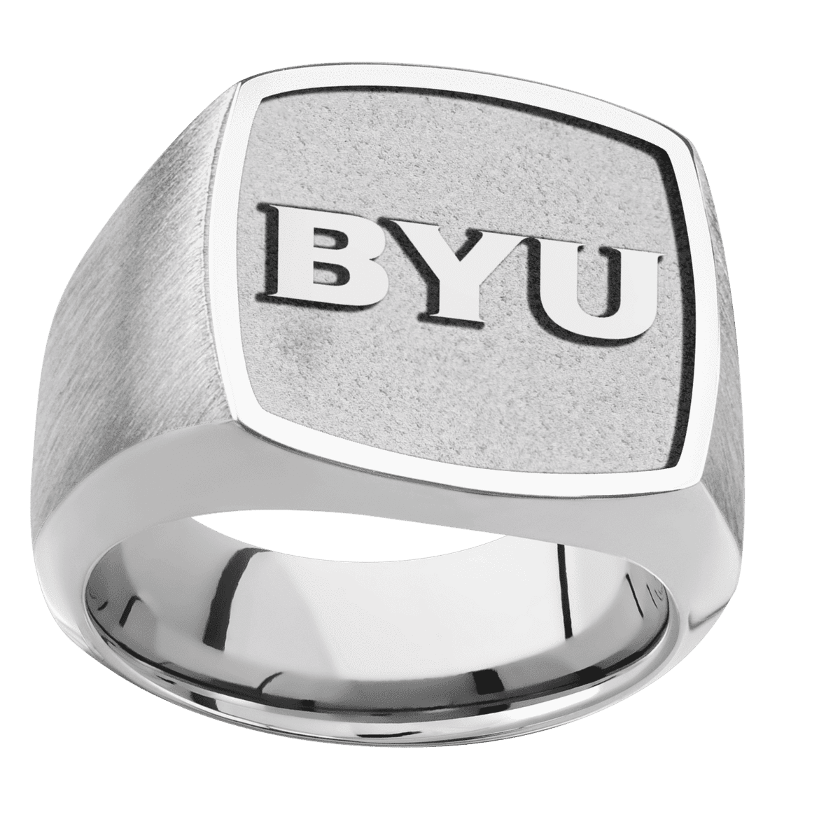 Large Cushion signet ring (18x18mm) in Cobalt Chrome, with a Wide style band, a Cobalt Chrome inlay and a Brigham Young BYU Monogram Rev engraving.