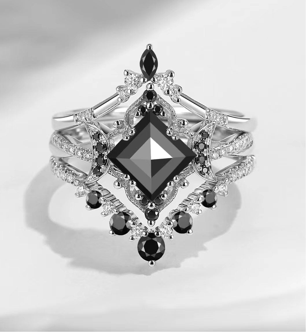 Crescent Moon | Rhombus Cut Black Moissanite 'Noir' Engagement Ring Set 3pcs
