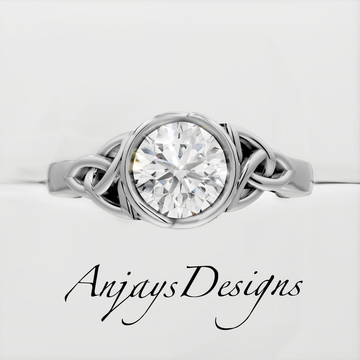 Celtic Trinity Knot Engagement Ring Bezel Set 1 Carat Diamond Engagement Ring Round Cut