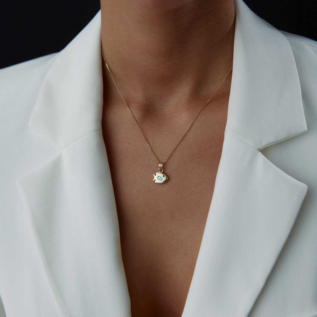 14k Gold Fish Necklace with Blue Enamel