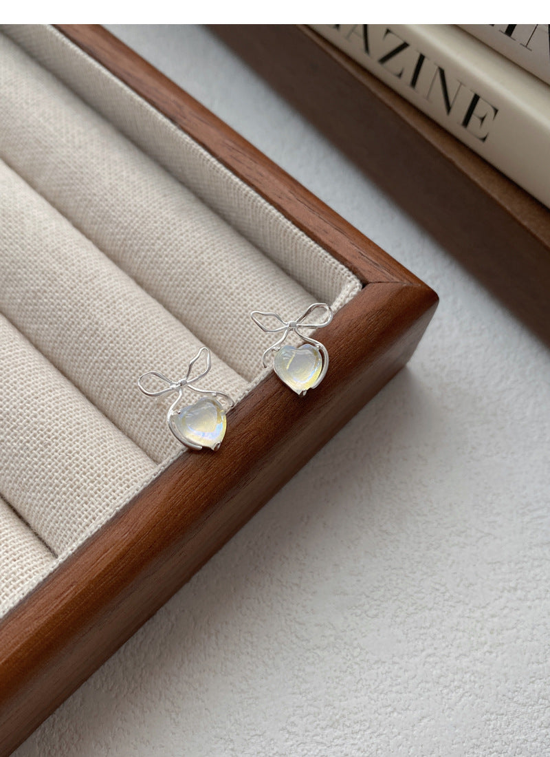 Iridescent Heart & Bow Stud Moonstone Earrings
