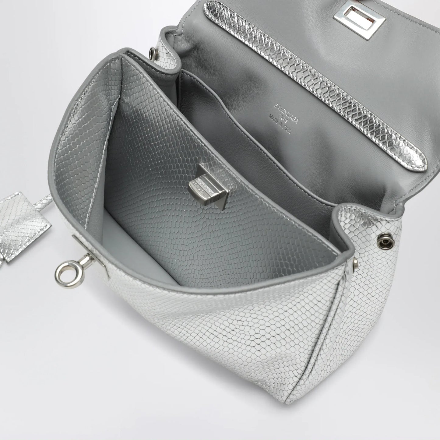 Balenciaga - Mini Rodeo bag in shiny silver leather with python print