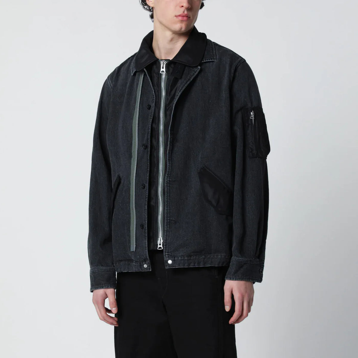 Sacai - Black denim jacket with nylon inserts