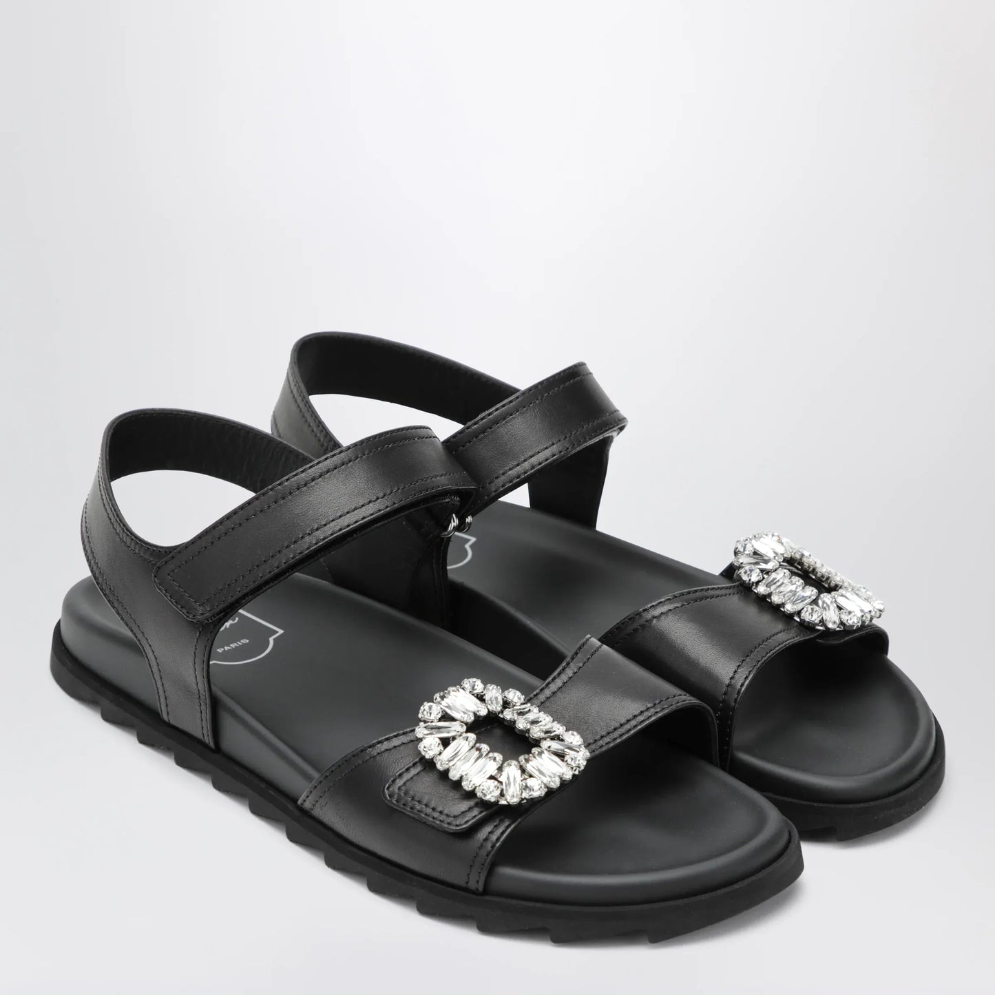 ROGER VIVIER - Black leather sandals with crystal buckle