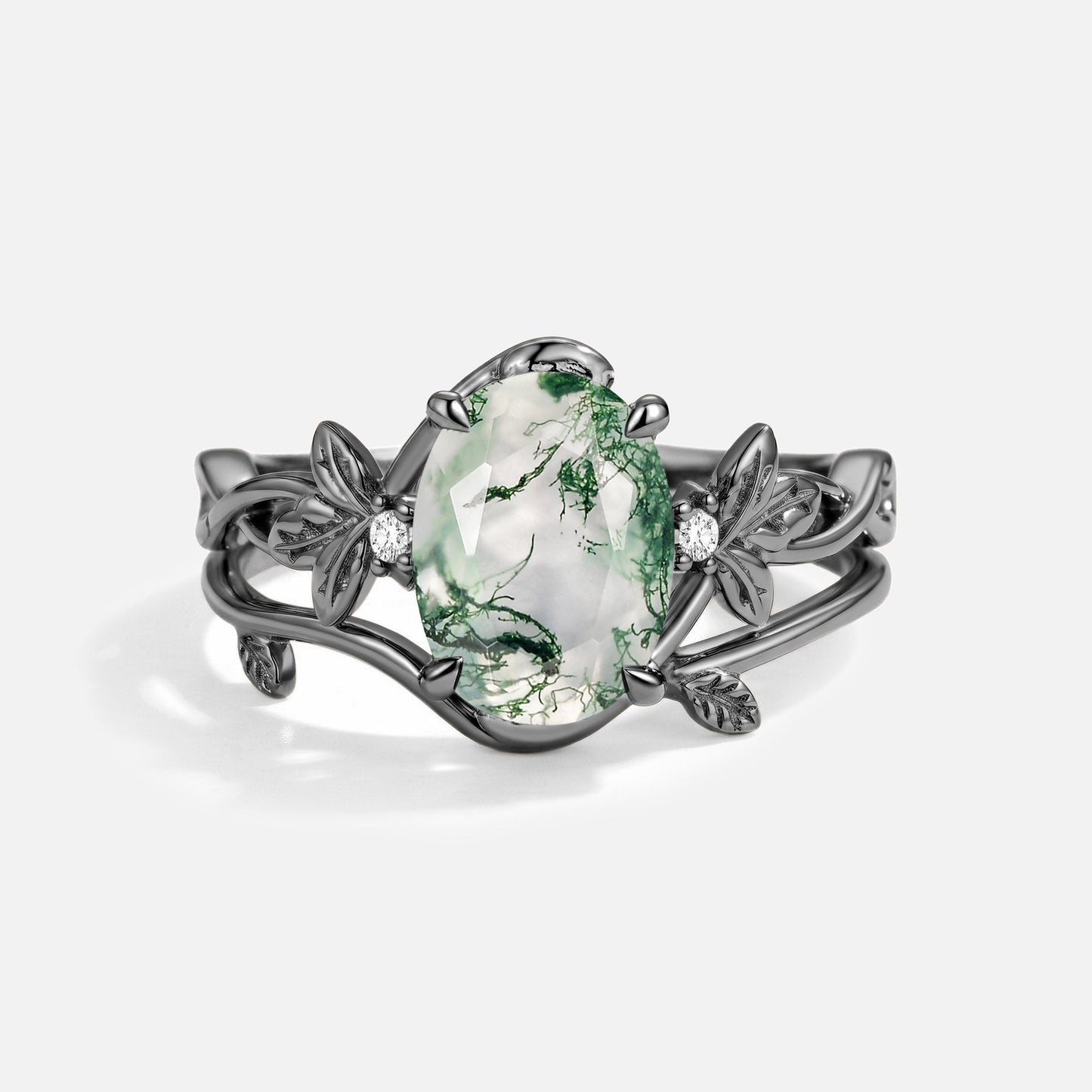 Oval Cut Moss Agate Leafy Minimalist Engagement Ring Set 2pcs - Arete