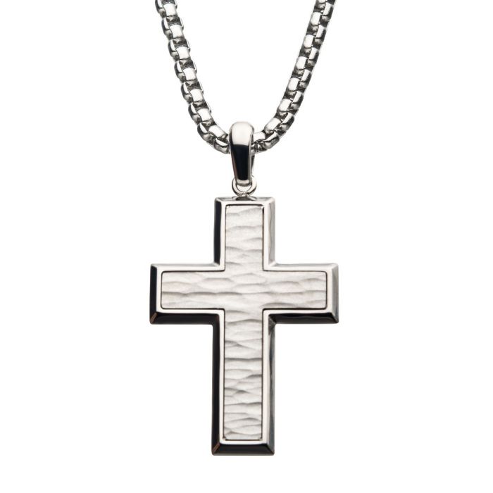 Matte & Hammered Stainless Steel Cross Necklace