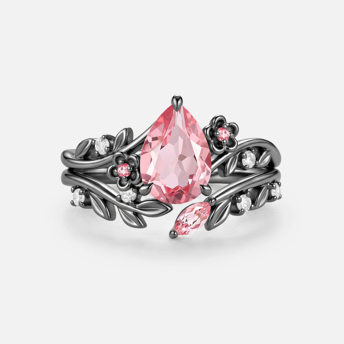 Pear Cut Lab Pink Sapphire Floral Engagement Ring Set 2pcs - Amabelle