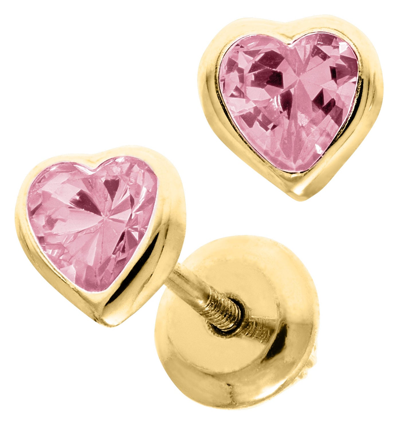 14KY Pink Cubic Zirconia Bezel Set Heart Earrings