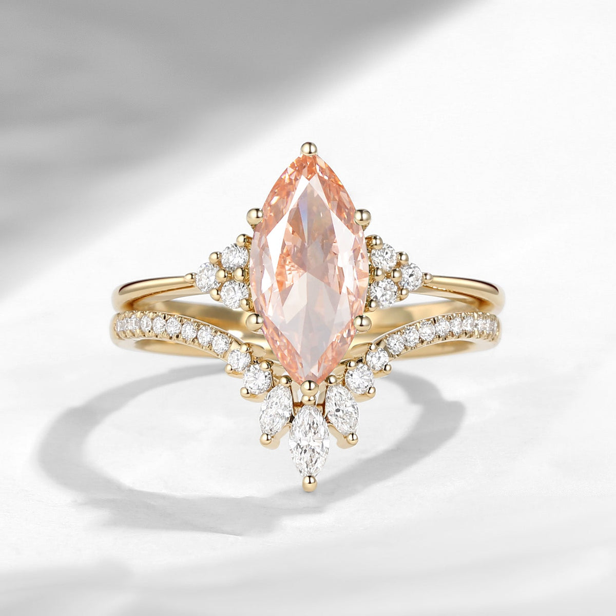 Classic Style Marquise Cut Lab Pink Diamond Cluster Engagement Ring Set 2pcs
