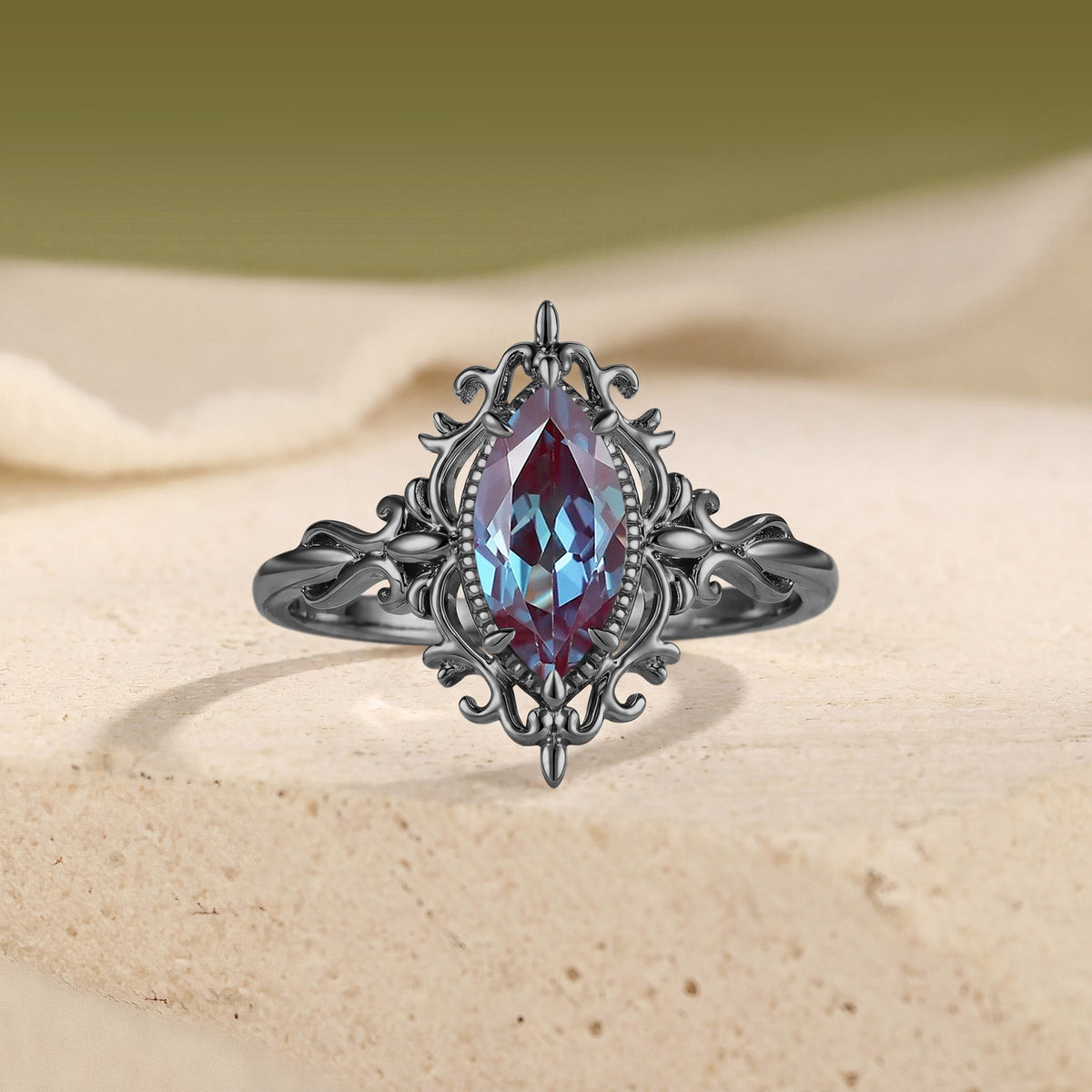 Vintage Filigree Marquise Cut Alexandrite Engagement Ring - Duchessa