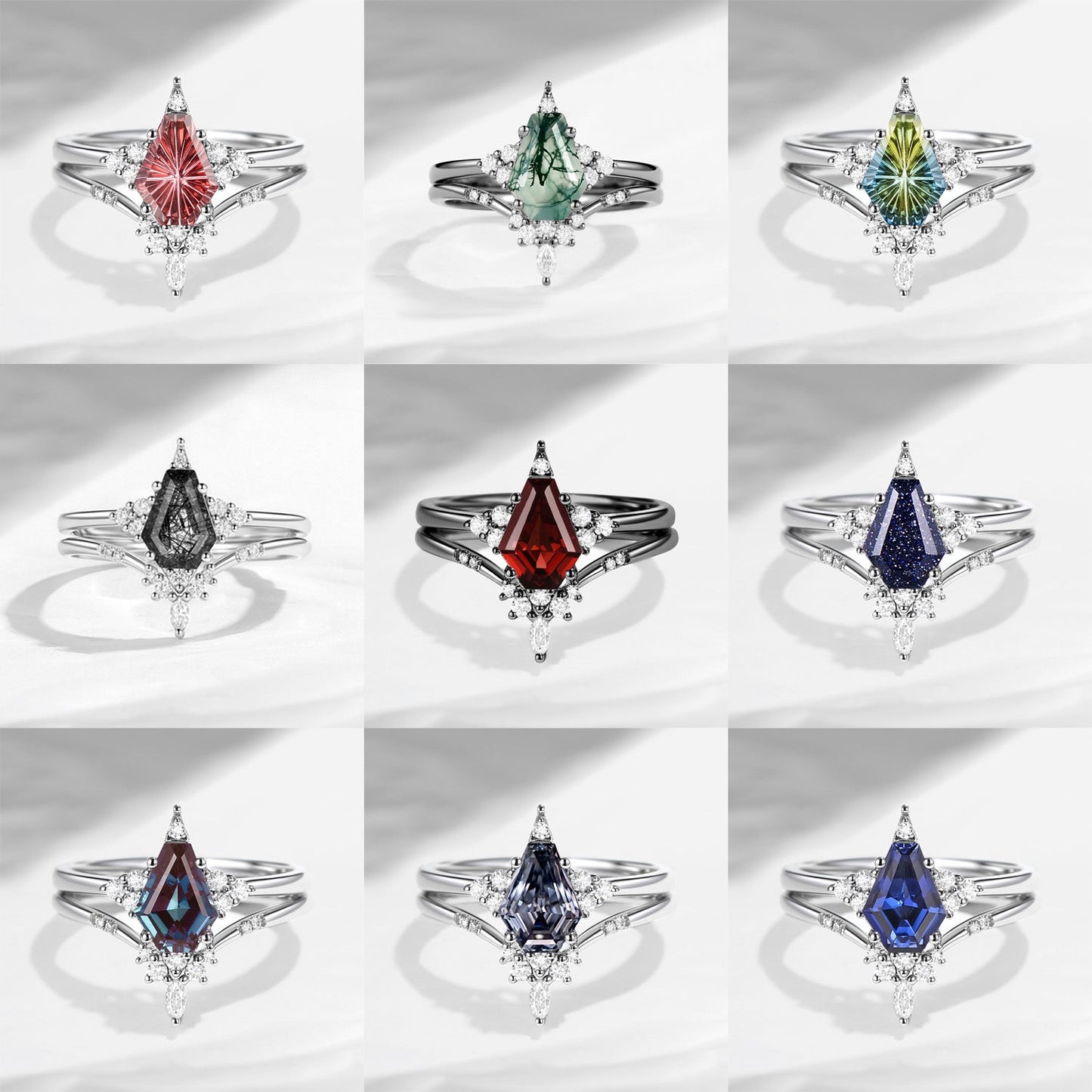 Classic Style Unique Coffin Cut Herkimer Diamond Star Cluster Engagement Ring Bridal Set 2pcs - Coffin Kite