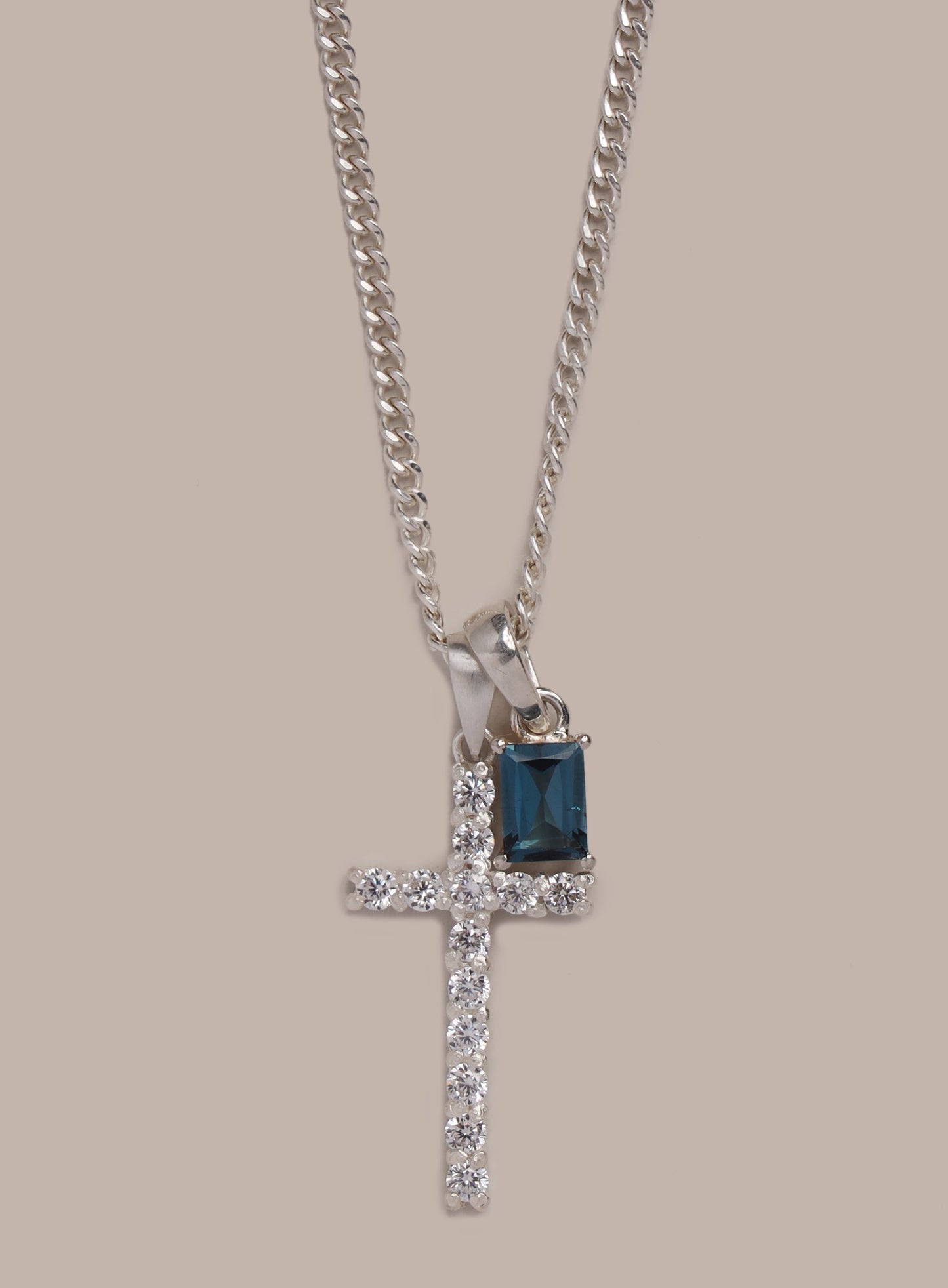 925 Sterling Silver Cubic Zirconia Cross with Blue Topaz Pendant