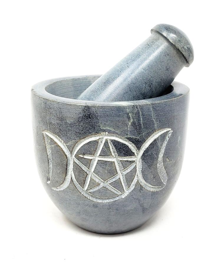 Triple Moon Pentagram Carved Soapstone Mortar & Pestle 2.75" High