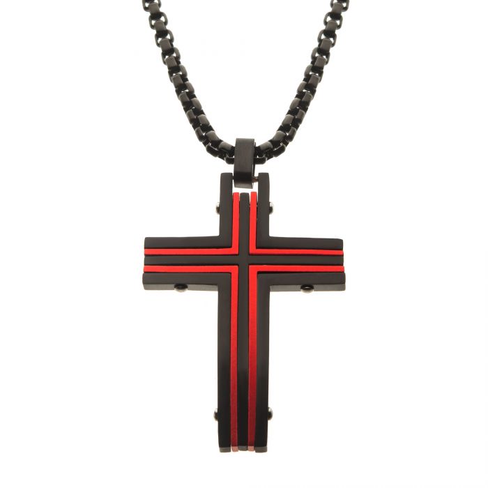 Black & Red IP Stainless Steel Dante Cross Necklace