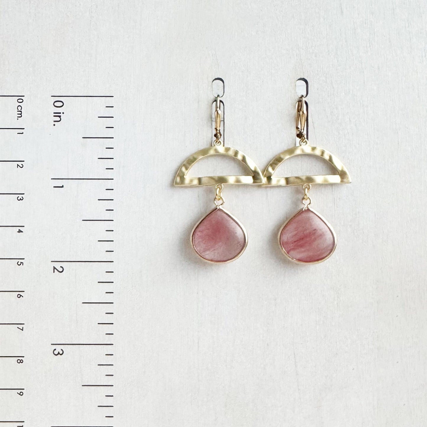 Hammered Brass Half Moon and Pink Glass Teardrop Earrings