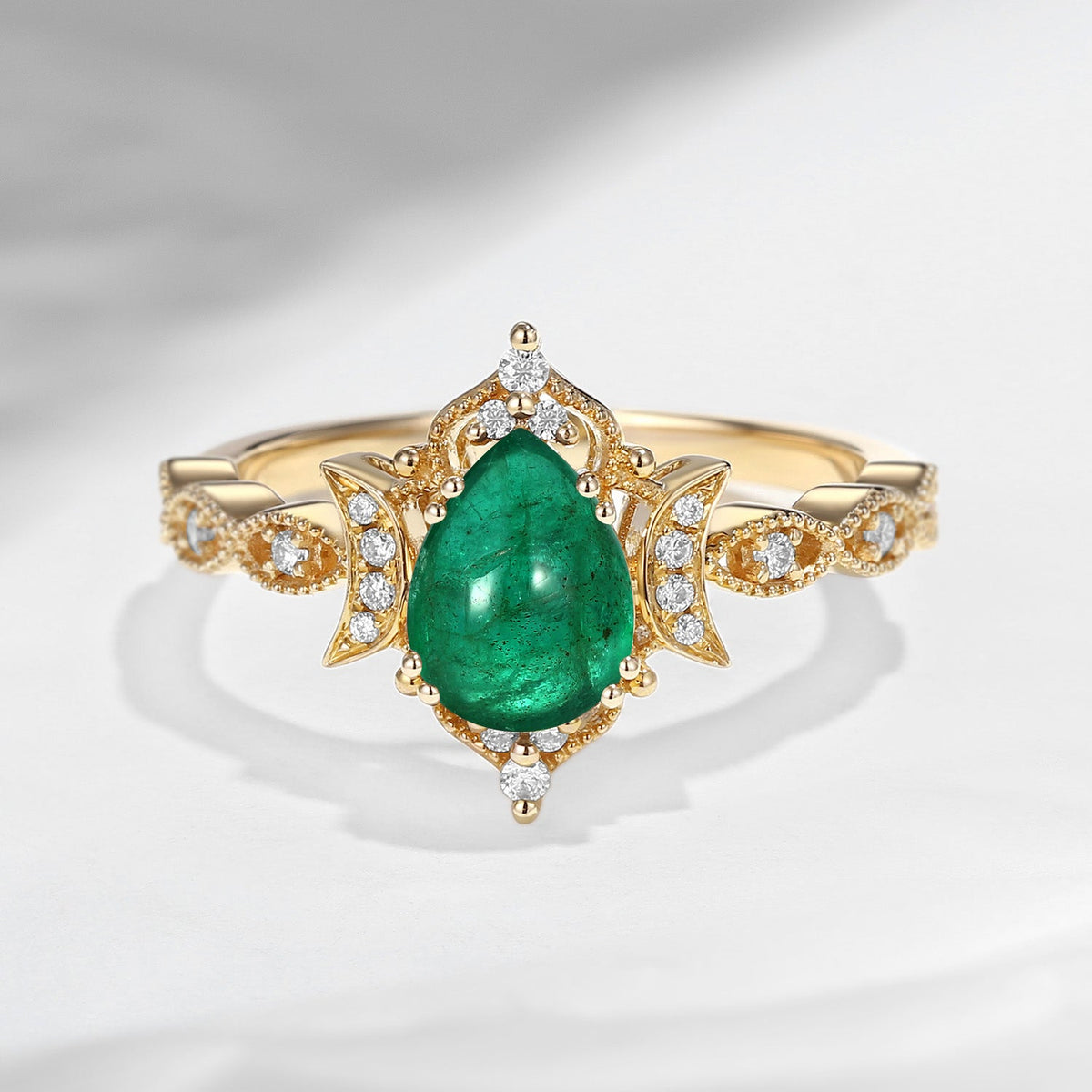 Crescent Moon | Unique Antique Pear Shaped Natural Emerald Moon Engagement Ring