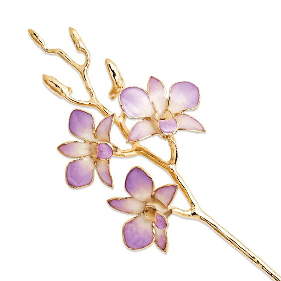 Lacquered Lilac and White Real Orchid Stem with 24K Gold Trim