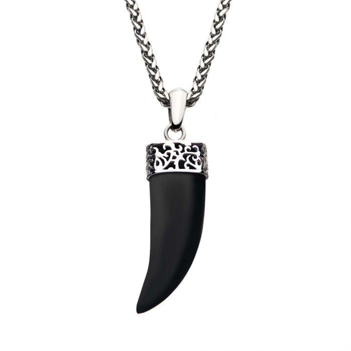 Stainless Steel with Black Agate Horn Necklace