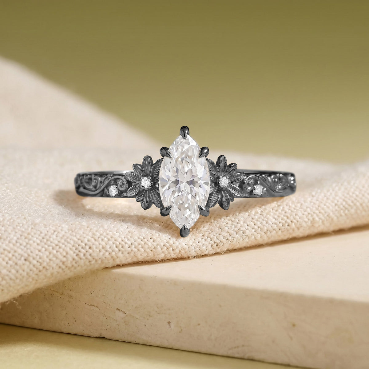 Vintage Floral Marquise Cut Moissanite Engagement Ring - Daisy