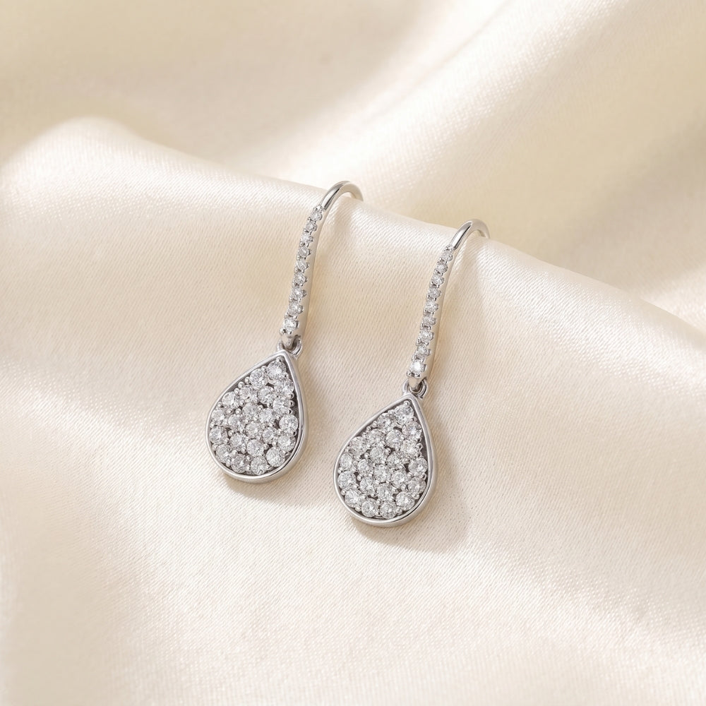 1 1/8ct Lab Grown Diamond Hoops Dangle Pear Shape 18K White Gold 1 1/4" Tall