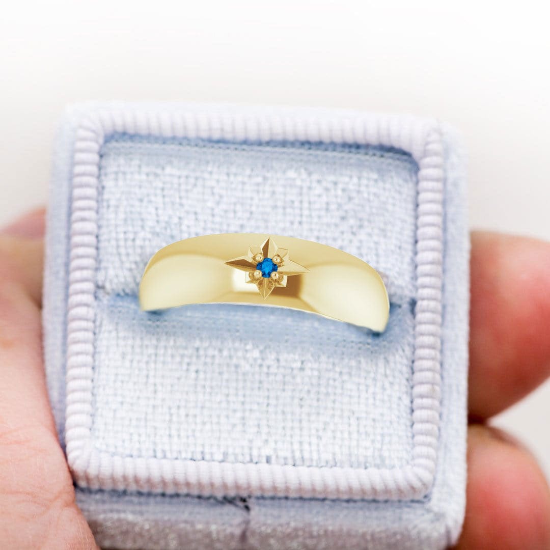 Domed 6mm Wide Wedding Band with Star Set Blue Sapphire