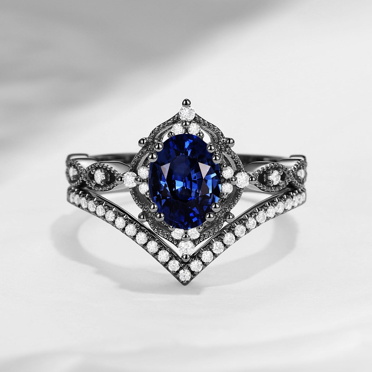 Classic Style Vintage Inspired Oval Cut Natural Sapphire Engagement Ring Bridal Set 2pcs