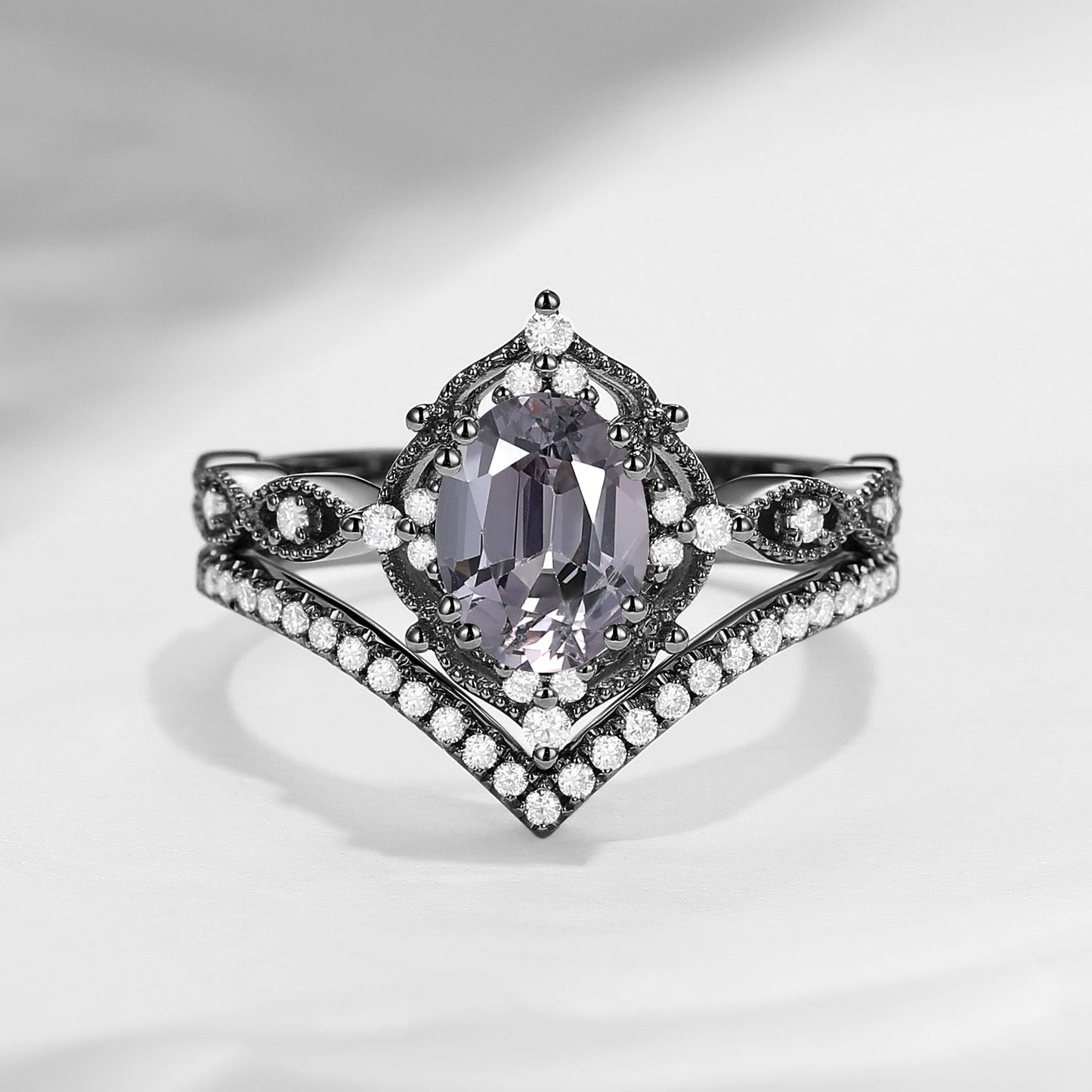 Classic Style Vintage Inspired Oval Cut Natural Spinel Engagement Ring Bridal Set 2pcs