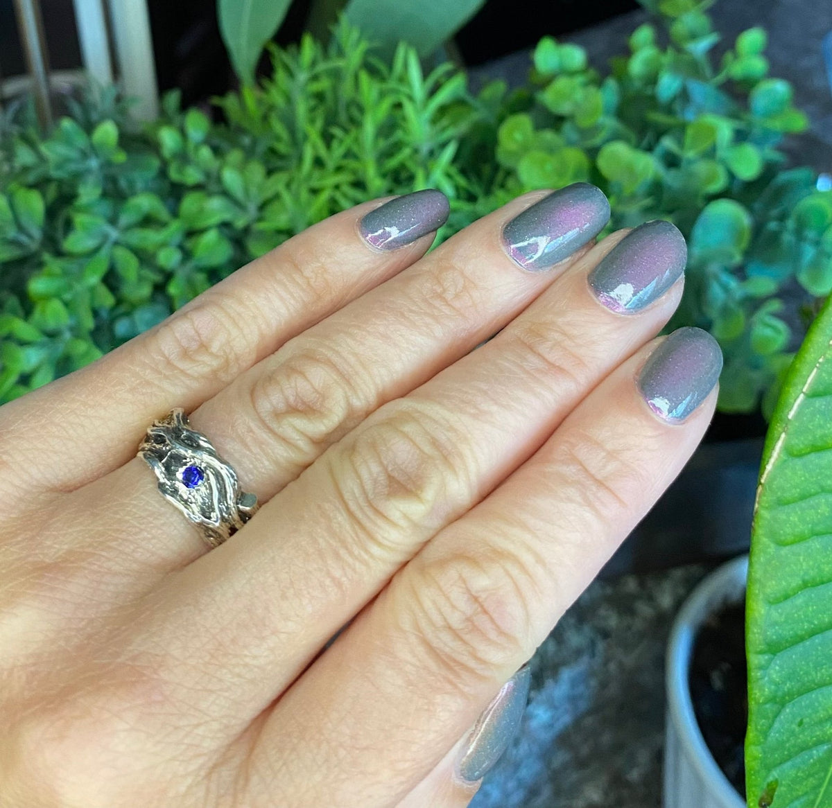 Driftwood Style Blue Sapphire Wedding Band