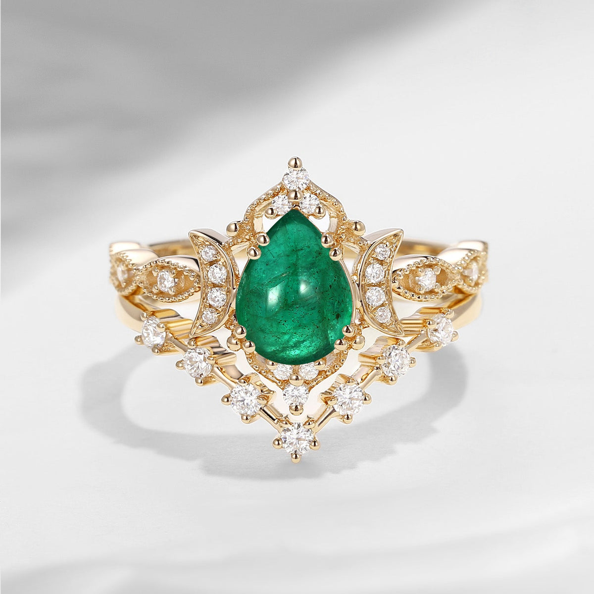 Crescent Moon | Pear Cut Natural Emerald Unique Galaxy Engagement Ring Set 2pcs