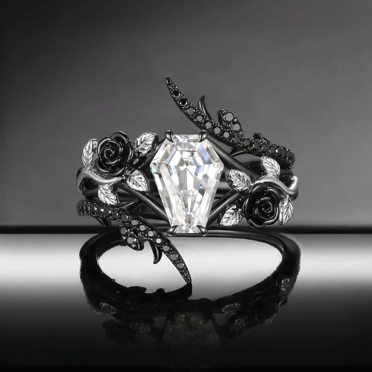 Thorns & Roses - Nature Inspired Coffin Moissanite Two-Tone Leafy Cage Ring Set with Thorn-Inspired Band