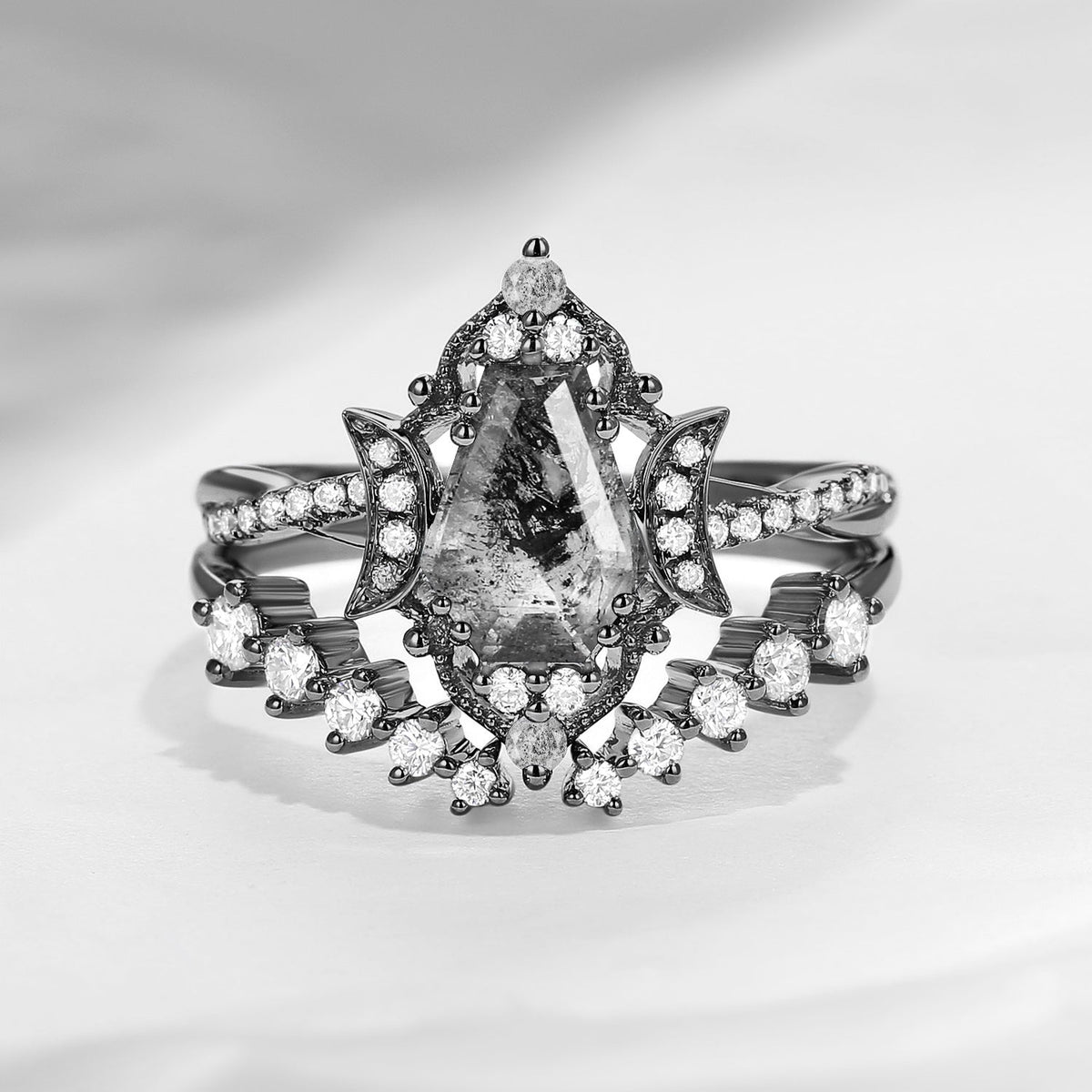 Crescent Moon | Coffin Cut Herkimer Diamond Infinity Engagement Ring Set 2pcs - Infinity Galaxy