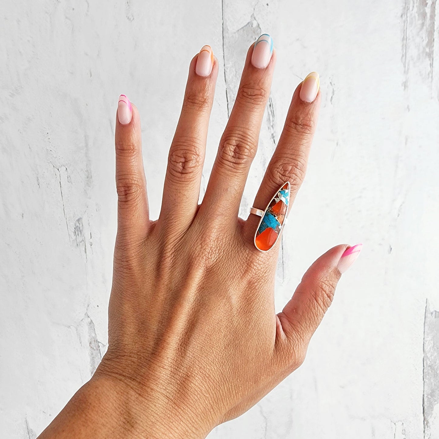 Long Turquoise Teardrop Statement Ring in Gold and Silver