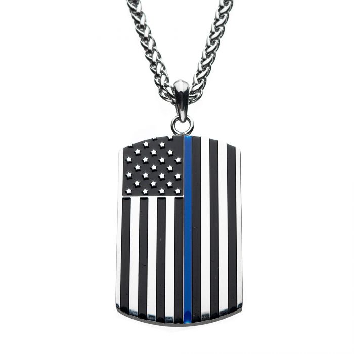 Stainless Steel Thin Blue Line American Flag Police Officer Dog Tag Necklace