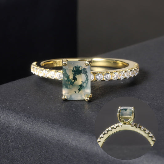 Emerald Cut Classic Moss Agate Engagement Ring