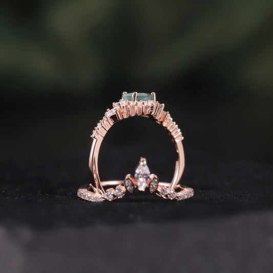 Elegant Halo Princess Cut Moss Agate Ring Set 2pcs