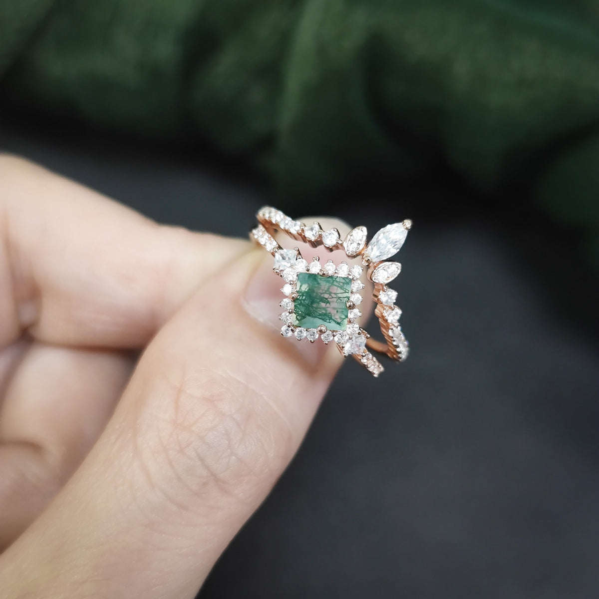Elegant Halo Princess Cut Moss Agate Ring Set 2pcs