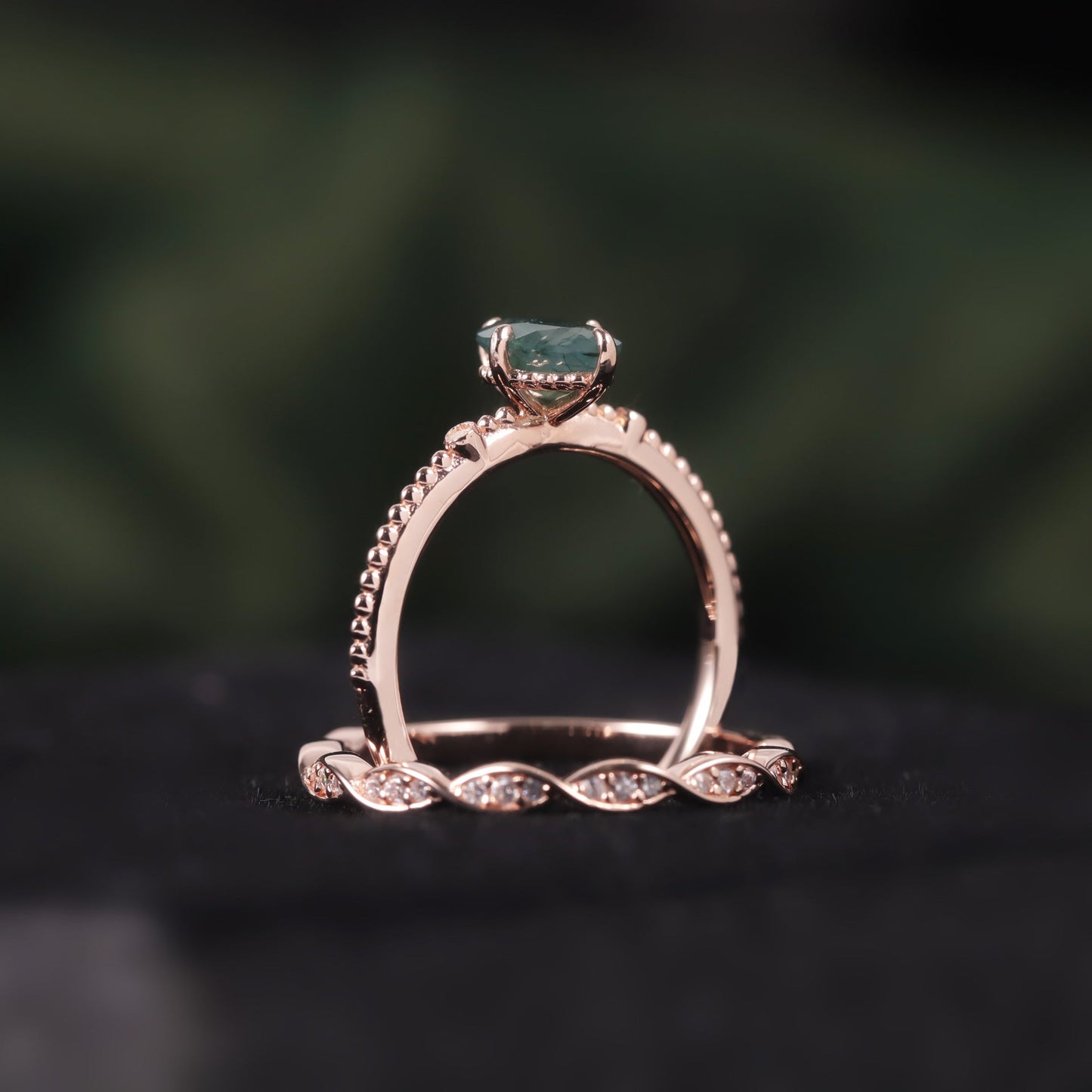 Oval Moss Agate Engagement Ring Sets 2pcs