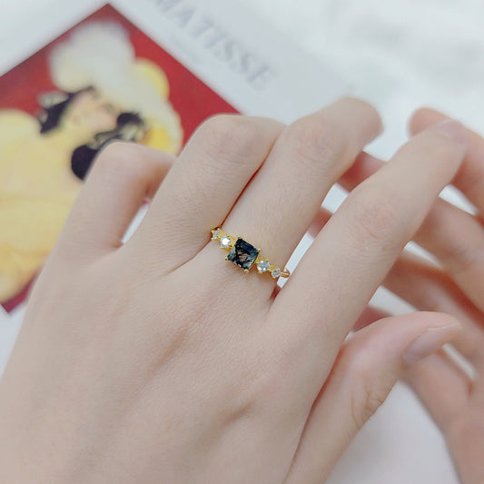 Princess Cut Moss Agate Gold Ring
